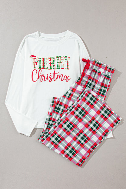 MERRY CHRISTMAS Round Neck Top and Plaid Pants Set - Tigbul's Variety Fashion Shop