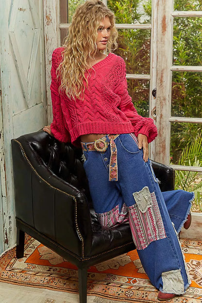 POL Cable-Knit Solid V-Neck Cropped Sweater - Tigbul's Variety Fashion Shop