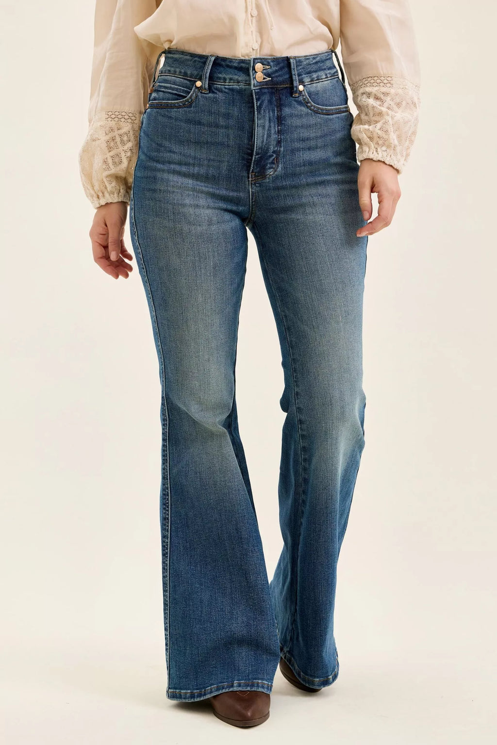 Judy Blue high-waist double-button flare jeans in dark denim, front pockets visible