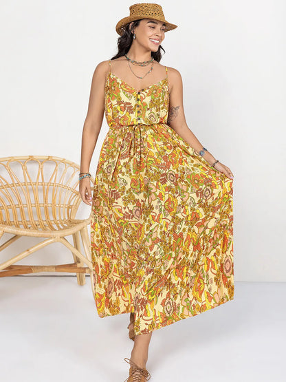 Plus Size Printed V-Neck Maxi Cami Dress - Tigbul's Variety Fashion Shop