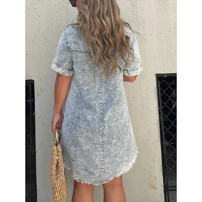 Full Size Raw Hem Short Sleeve Denim Dress Plus Size - Tigbul's Variety Fashion Shop