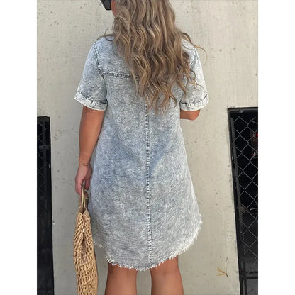 Full Size Raw Hem Short Sleeve Denim Dress Plus Size - Tigbul's Variety Fashion Shop