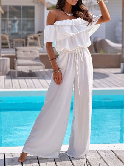 Off-Shoulder Ruffled Wide Leg Jumpsuit - Tigbul's Variety Fashion Shop