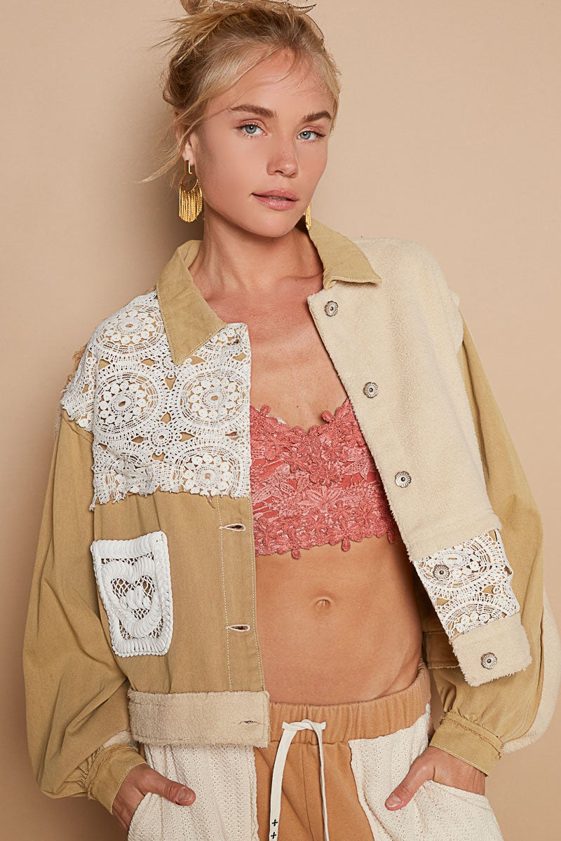 POL Crochet Patch Exposed Seam Button Up Jacket - Tigbul's Variety Fashion Shop