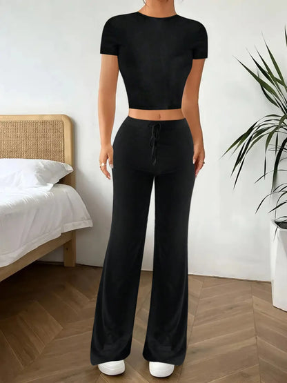 Crop Top and Wide Leg Pants Matching Set - Tigbul's Variety Fashion Shop