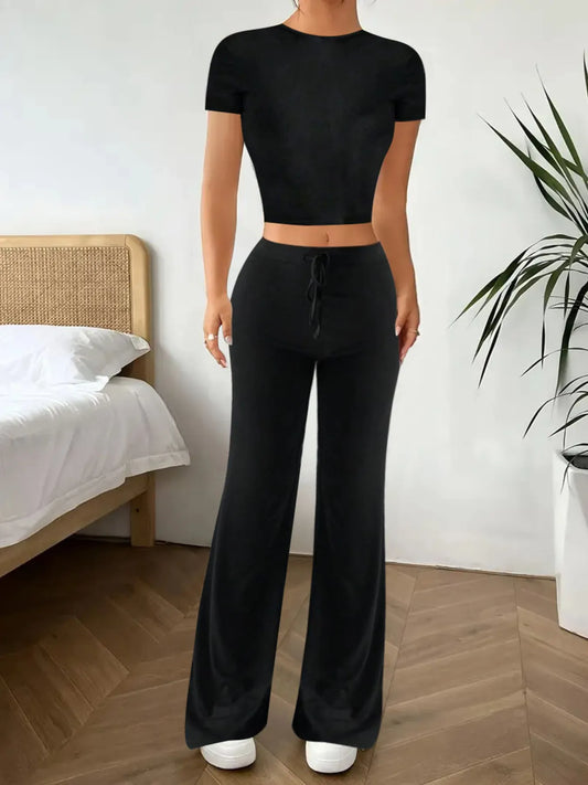 Crop Top and Wide Leg Pants Matching Set - Tigbul's Variety Fashion Shop