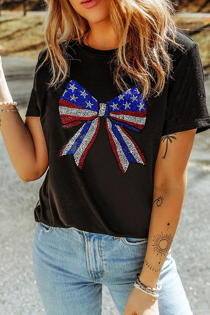 Bow Rhinestone Round Neck T-Shirt - Tigbul's Variety Fashion Shop