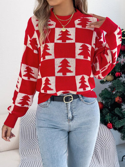 Christmas Tree Checkerboard Pattern Sweater - Tigbul's Variety Fashion Shop
