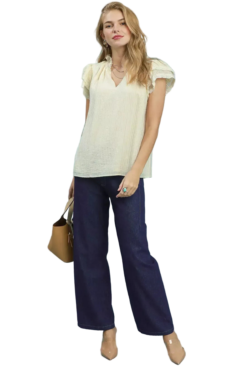 Cream lace-trim V-neck top with ruffle cap sleeves