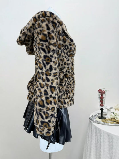 Leopard Plush Zip-Up Hooded Outerwear - Tigbul's Variety Fashion Shop
