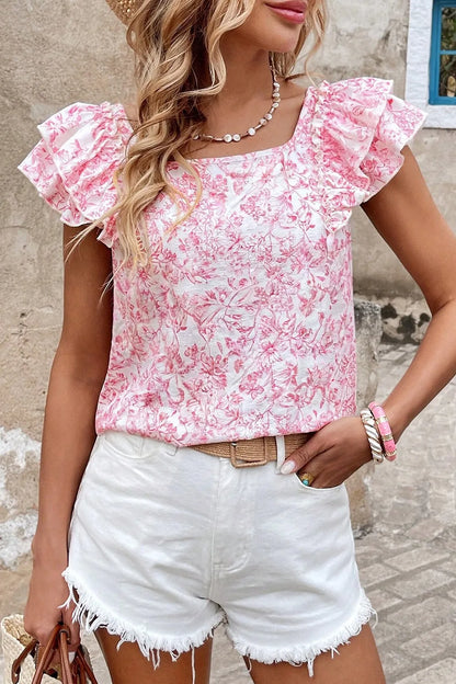 Bow Back Printed Ruffled Cap Sleeve Pink Blouse - Tigbul's Variety Fashion Shop