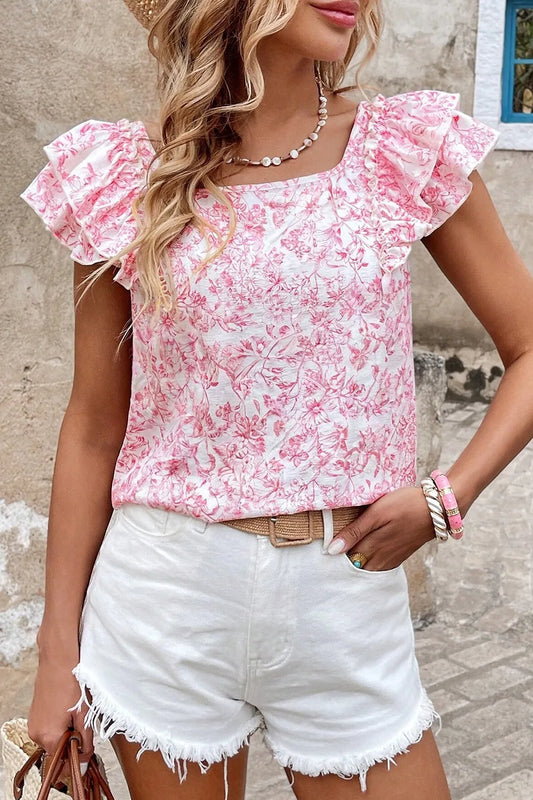 Bow Back Printed Ruffled Cap Sleeve Pink Blouse - Tigbul's Variety Fashion Shop