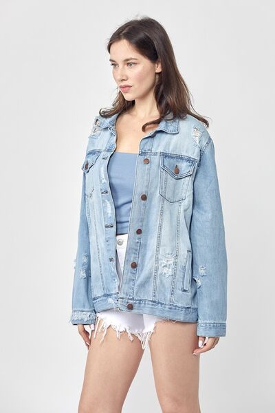 Light Blue Distressed Long Sleeve Denim Jacket Small-3XL | Tigbuls