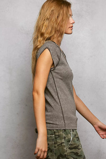 POL V-Neck Short Sleeve Washed T-Shirt with Outseam - Tigbul's Variety Fashion Shop