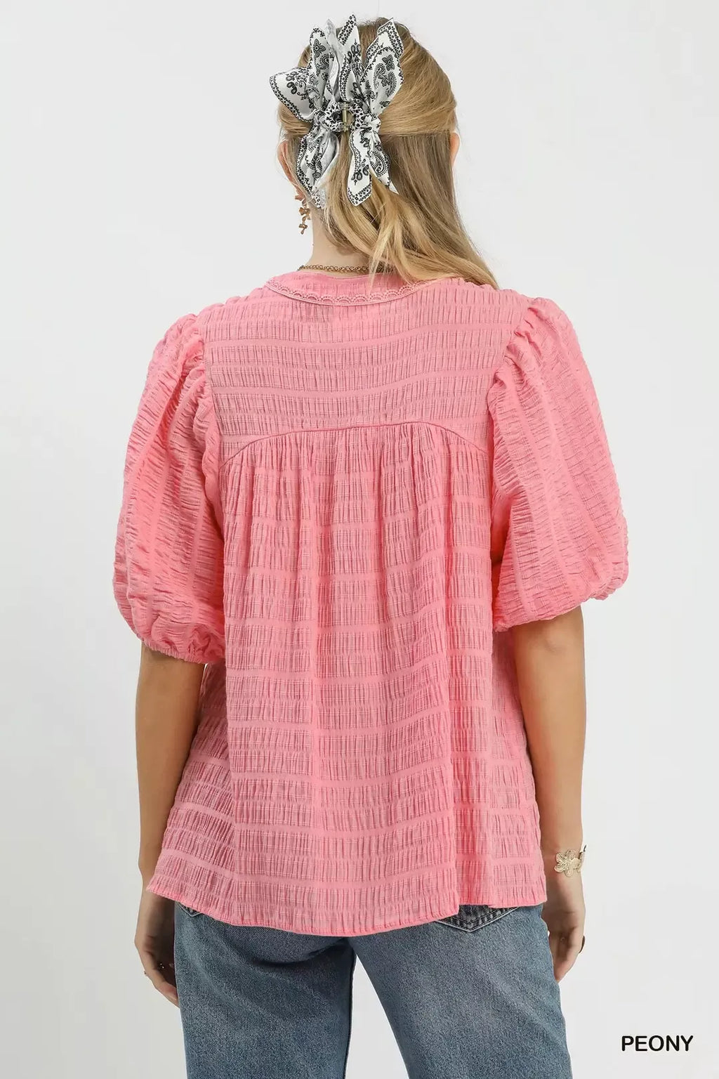 Peony textured puff-sleeve blouse with back yoke detail and gathered sleeves