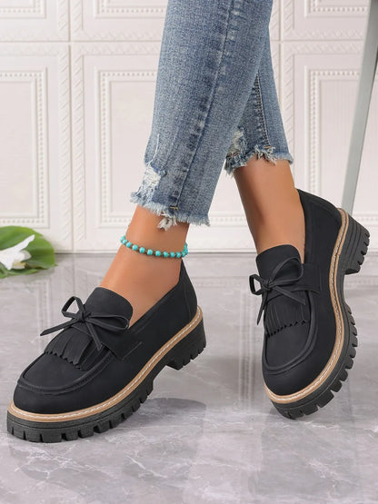 PU Leather Bow Platform Loafers - Tigbul's Variety Fashion Shop