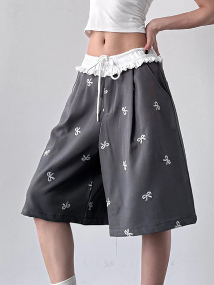 Bow Print Wide Leg Shorts with Contrast Ruffle Waistband - Tigbul's Variety Fashion Shop