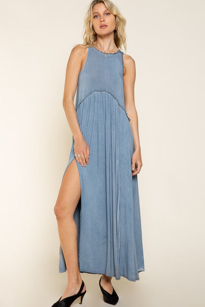 Stone Washed Side Slit Cut Out Maxi Dress - Tigbul's Variety Fashion Shop