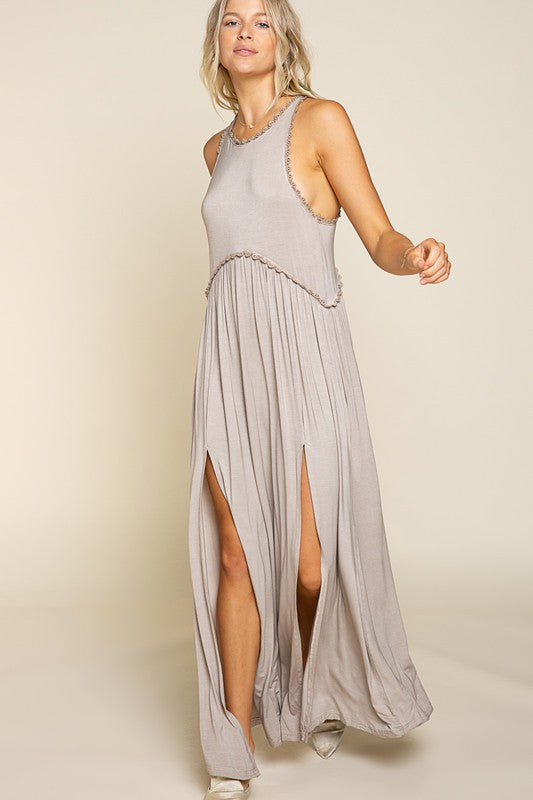 Stone Washed Side Slit Cut Out Maxi Dress - Tigbul's Variety Fashion Shop