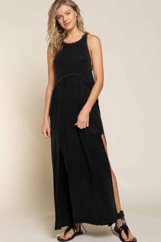 Stone Washed Side Slit Cut Out Maxi Dress - Tigbul's Variety Fashion Shop