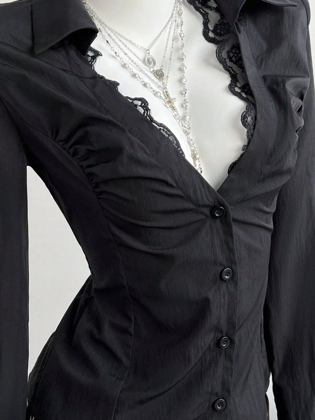 Black lace-trim slim-fit shirt, ruched button placket with scalloped lace trim