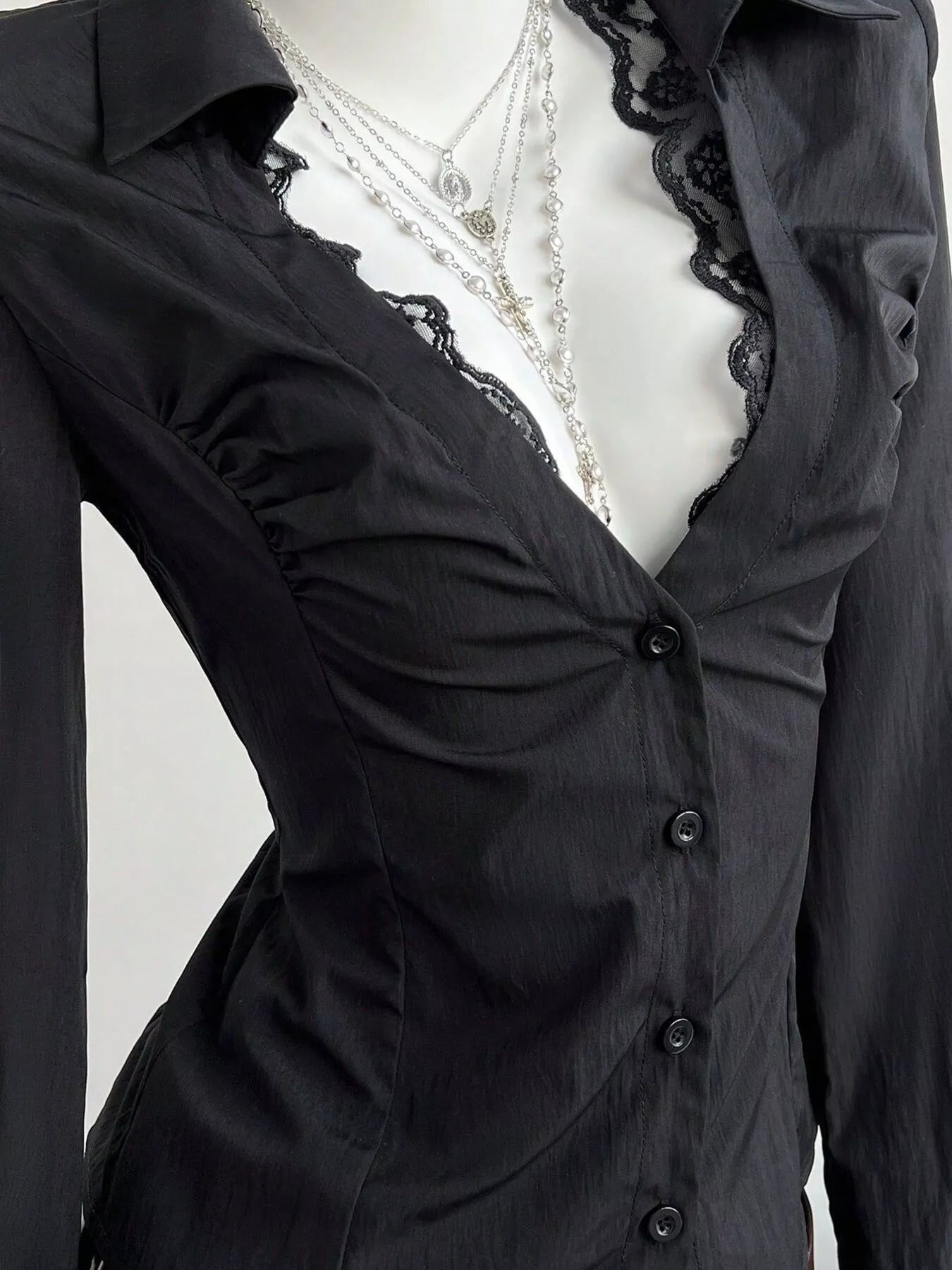 Black lace-trim slim-fit shirt, ruched button placket with scalloped lace trim