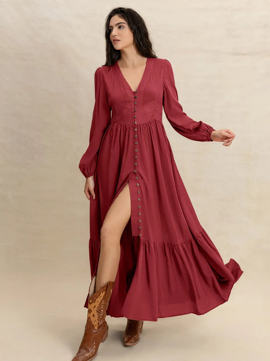 Burgundy V-Neck Balloon Sleeve Ruffled Hem Maxi Dress - Tigbul's Variety Fashion Shop