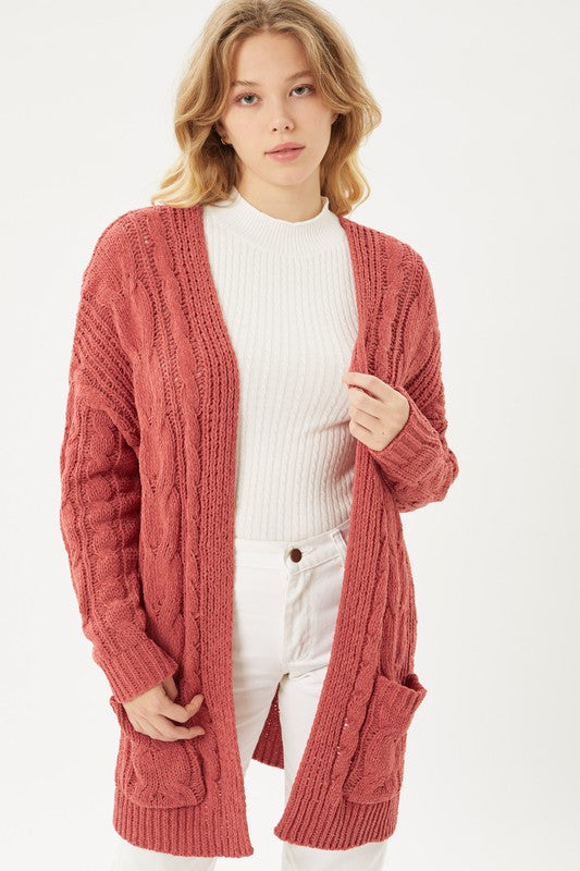 Chenille Cable Knit Oversized Open Front Cardigan - Tigbuls Variety Fashion