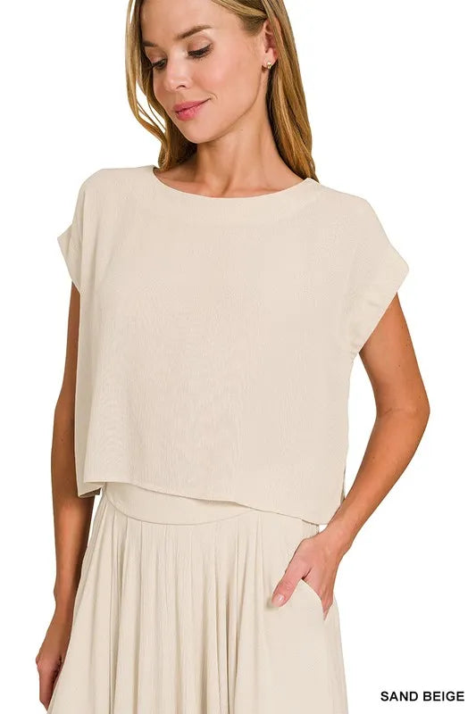 Woven Crinkle Gauze Crop Beige Tee and Skirt Set - Tigbul's Variety Fashion Shop