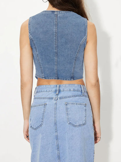 Button-Up Sleeveless Denim Vest - Tigbul's Variety Fashion Shop