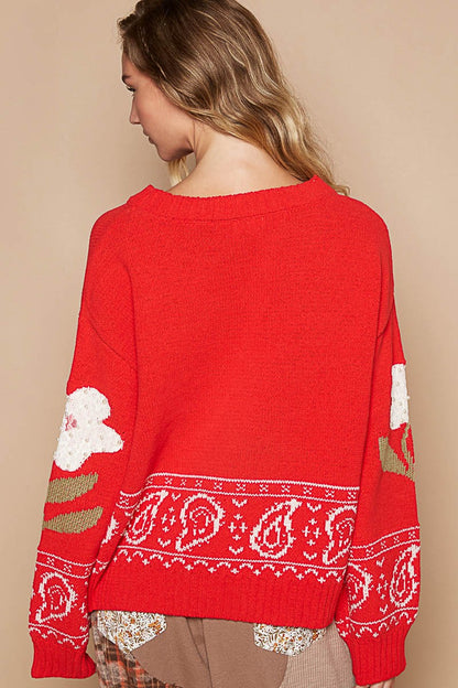 POL Flower Lace Patch Long Sleeve Sweater - Tigbul's Variety Fashion Shop