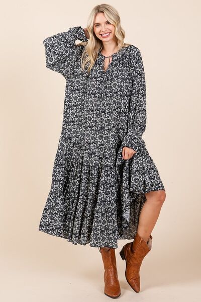Dark Navy Printed Tie Neck Flounce Sleeve Midi Dress - Tigbul's Variety Fashion Shop