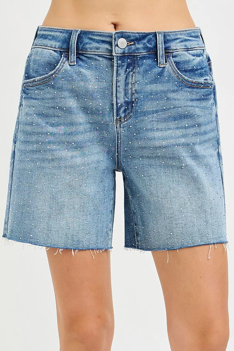Medium blue denim shorts with all-over rhinestones, slouchy mid-length