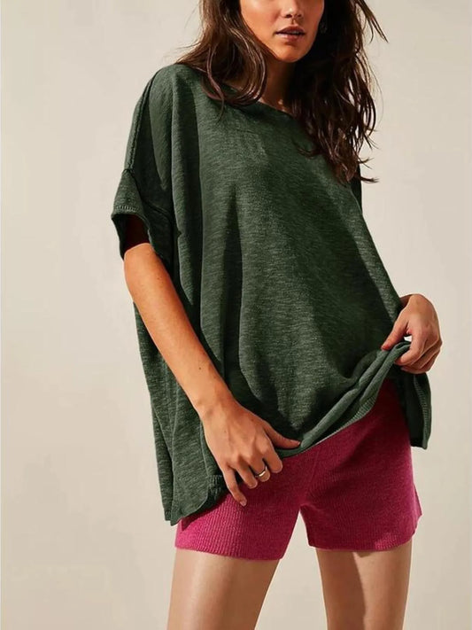 Oversized Round Neck Drop-Shoulder T-Shirt - Tigbul's Variety Fashion Shop