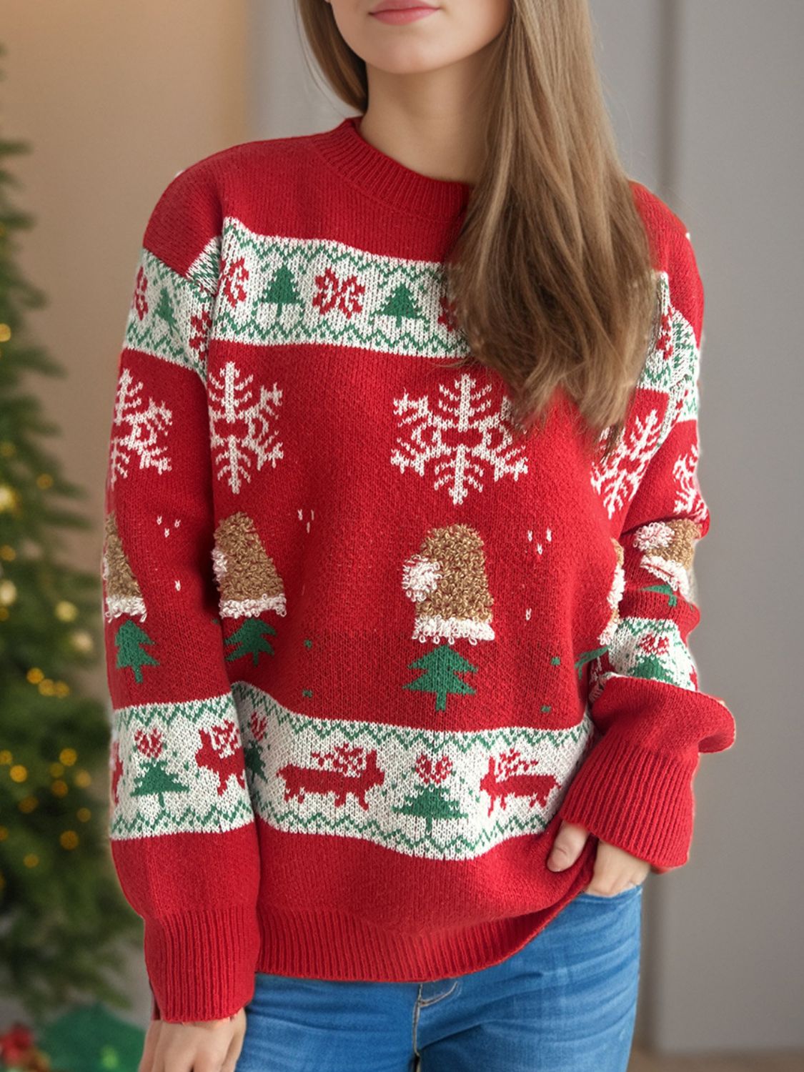 Christmas Element Round Neck Long Sleeve Sweater - Tigbul's Variety Fashion Shop