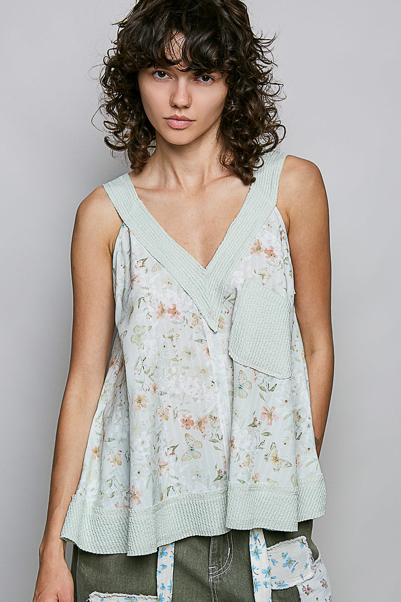 Sleeveless V-neck tank with chest patch pocket detail, sage multi floral