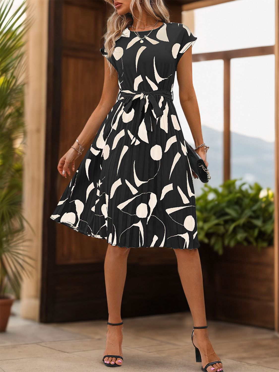 Tied Pleated Printed Cap Sleeve Dress - Tigbul's Variety Fashion Shop