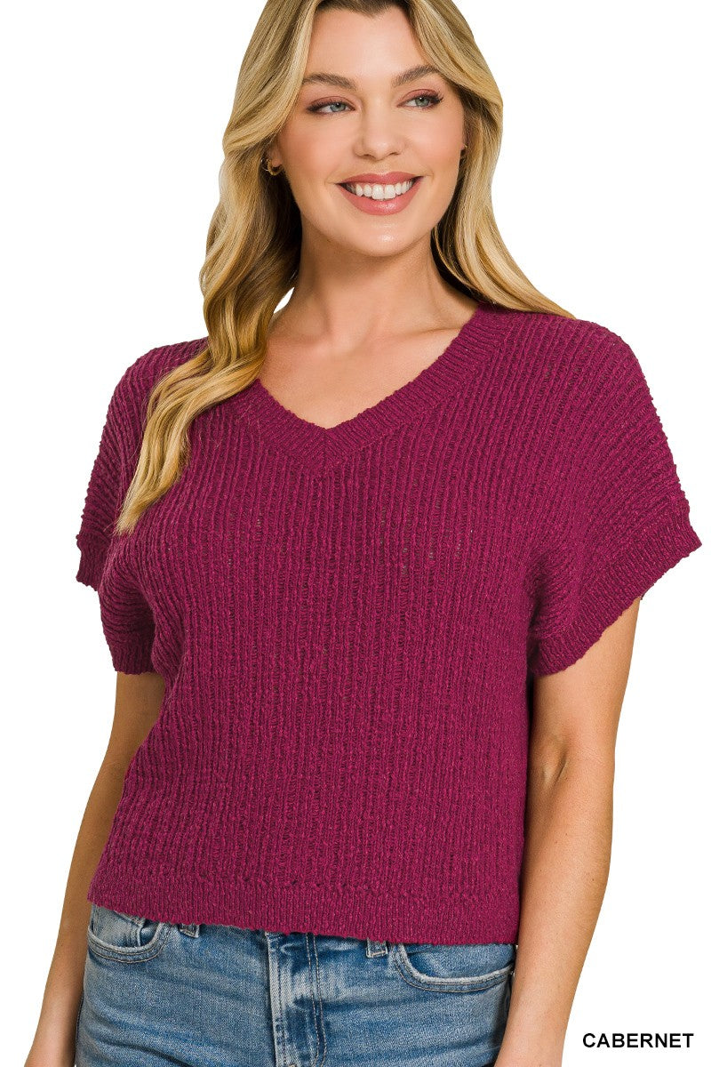 Zenana textured knit V-neck cropped sweater, CABERNET color, slim fit