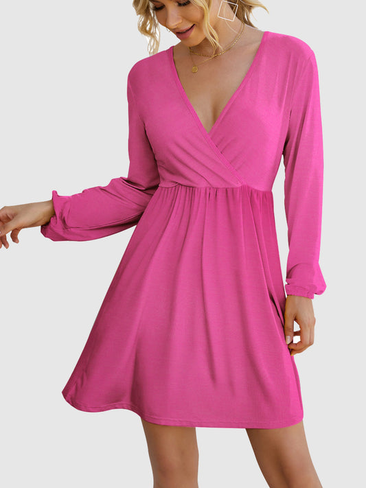 Pink Surplice Long Sleeve Mini Dress | Tigbuls Variety Fashion