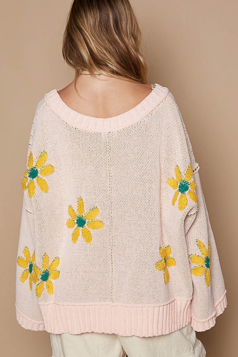 POL Pink V-Neck Floral Pattern Chenille Sweater - Tigbul's Variety Fashion Shop