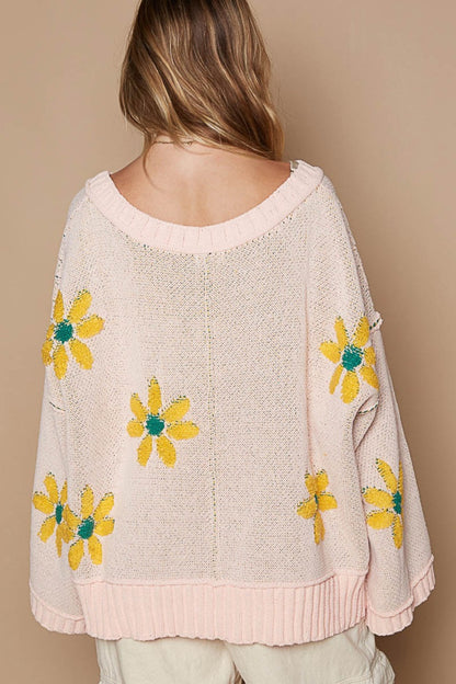 POL Pink V-Neck Floral Pattern Chenille Sweater - Tigbul's Variety Fashion Shop