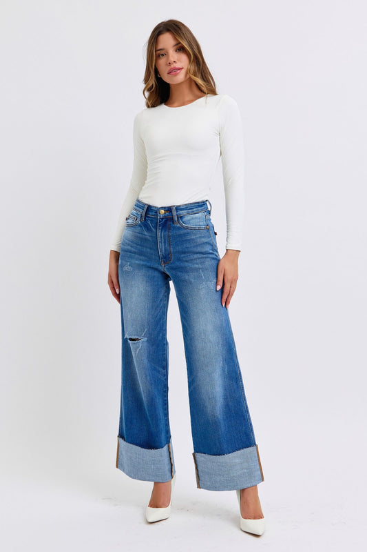 Judy Blue Full Size Distressed High Waist Wide Leg Jeans - Tigbul's Variety Fashion Shop