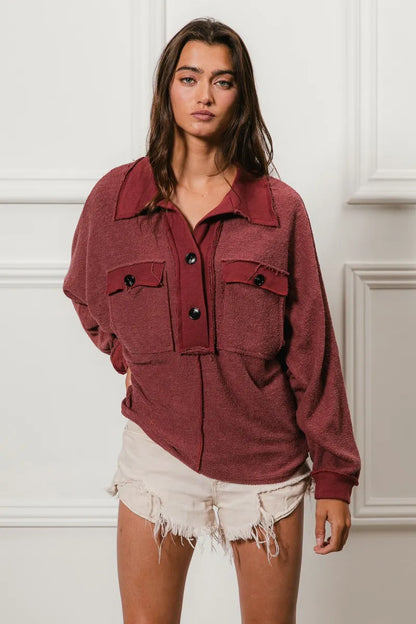 BiBi Cp French Terry Cut Edge Detail Collared Top - Tigbul's Variety Fashion Shop