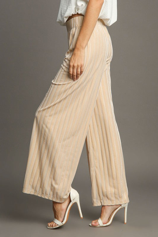 Umgee Elastic Waist Striped Wide Leg Velvet Pants - Tigbul's Variety Fashion Shop