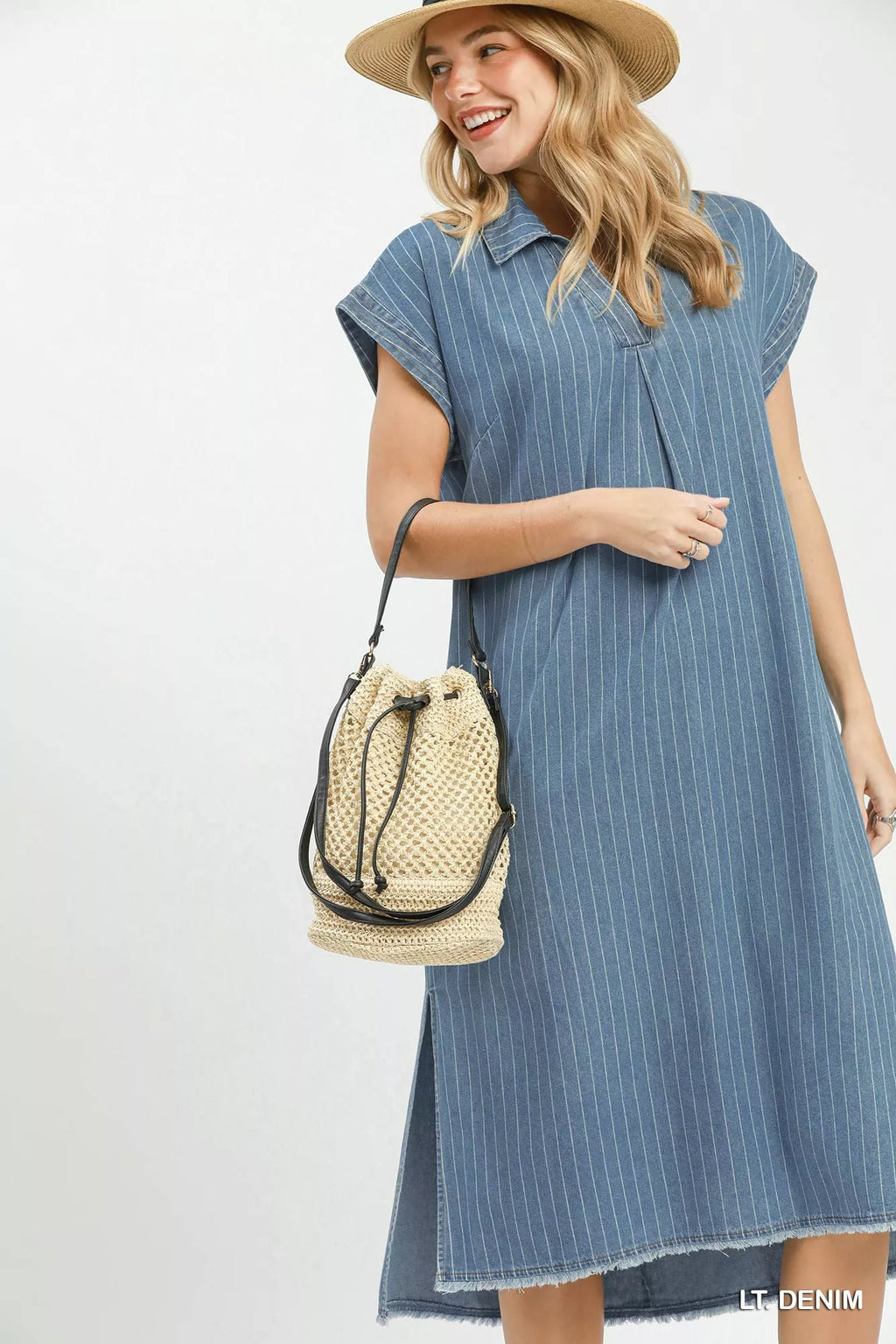 Umgee Pinstripe Denim Collared Midi Dress with Side Slits - Tigbul's Variety Fashion Shop