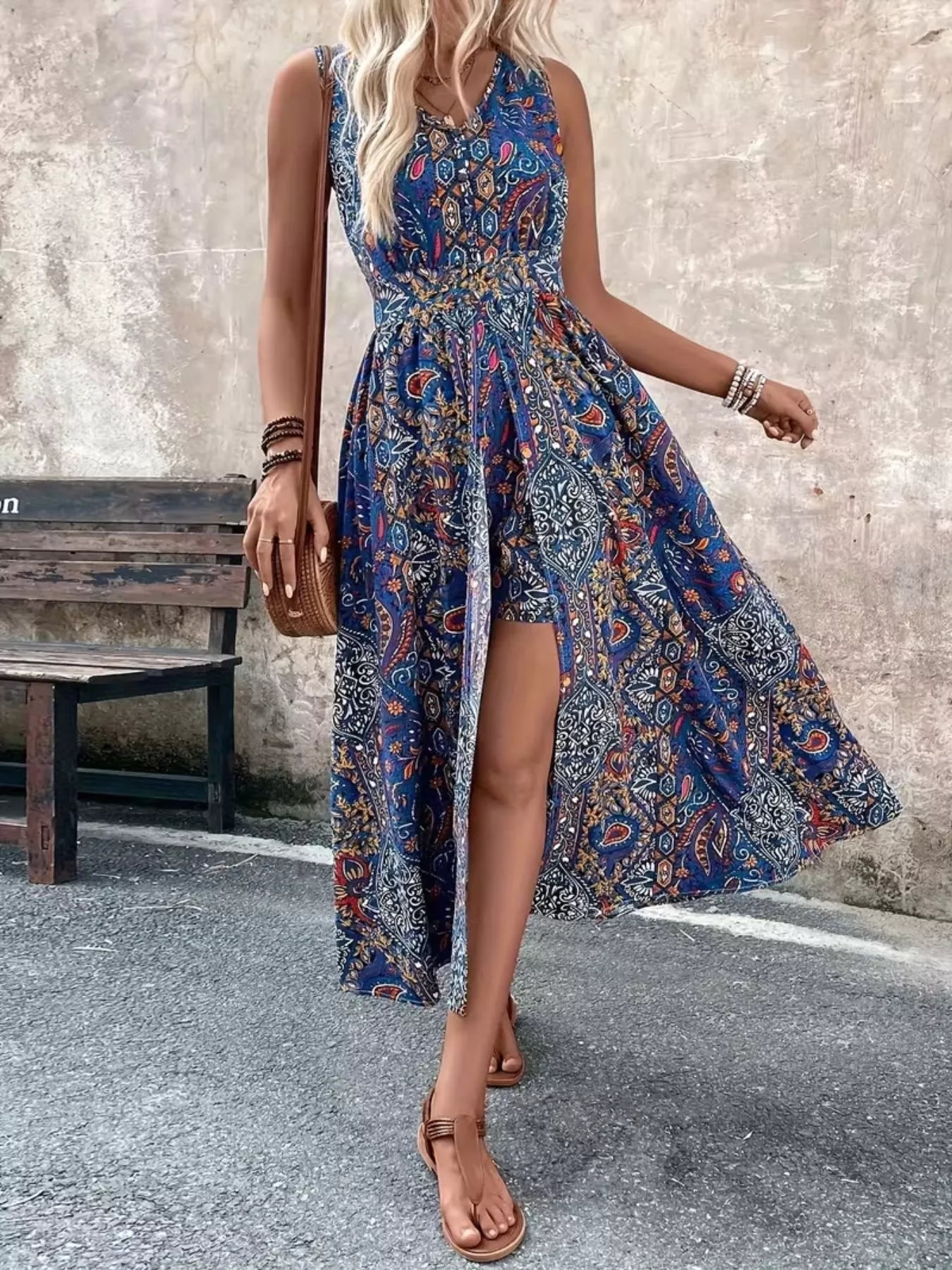 Blue paisley sleeveless long-top romper with gathered waist and high slit leg