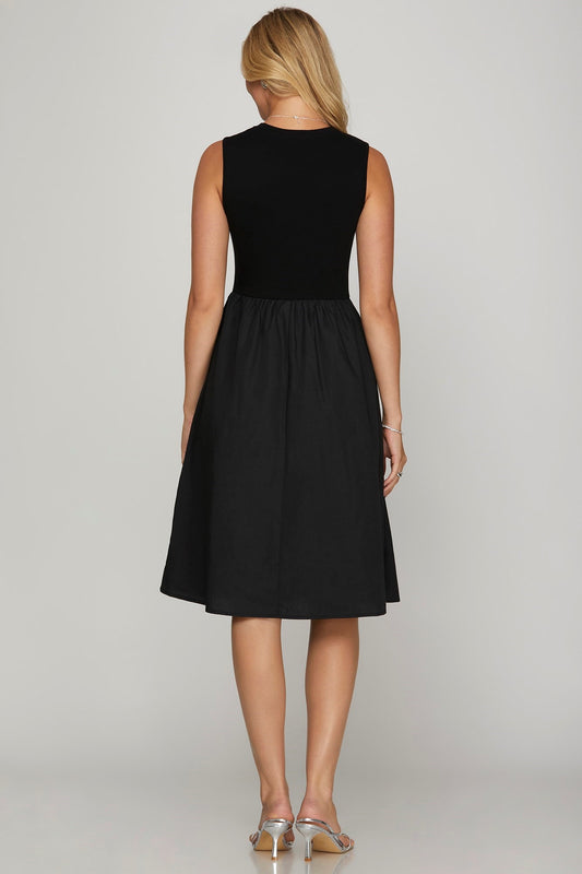 Black Sleeveless Poplin Woven Midi Dress with Pockets - Tigbul's Variety Fashion Shop