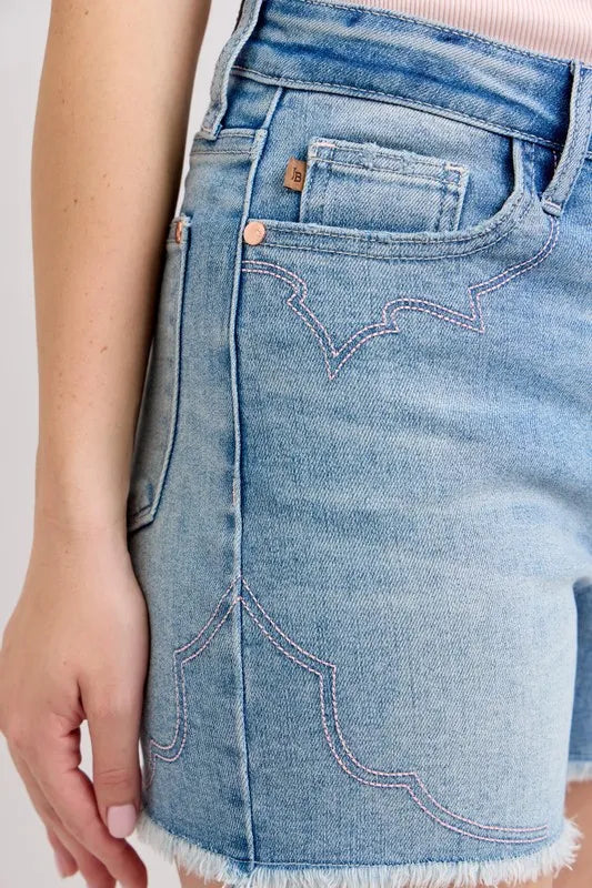Judy Blue High Waist Western Embroidery Detail Cut Off Denim Shorts - Tigbul's Variety Fashion Shop