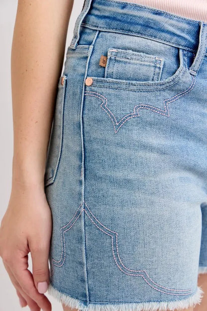 Judy Blue High Waist Western Embroidery Detail Cut Off Denim Shorts - Tigbul's Variety Fashion Shop