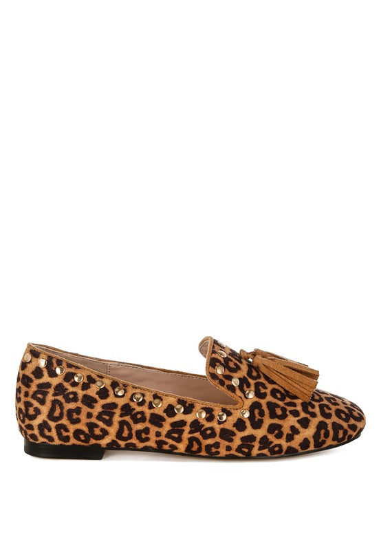 Niloha Studs & Tassels Detail Leopard Loafers - Tigbul's Variety Fashion Shop